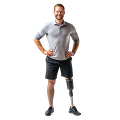 Smiling man with a prosthetic leg standing confidently on a black background, adult with mobility assistance.