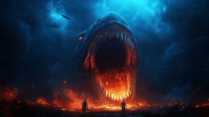 Obraz premium Two figures stand in awe before a gigantic monster with a fiery maw, symbolizing power, fear, the unknown, nature, and fate.