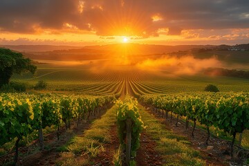 A beautiful sunset over a vineyard with a foggy mist in the background