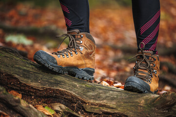 Hiking boot. Legs on mountain trail during trekking in autumn forest