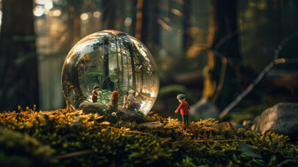 In a dark forest at night, a large transparent glass sphere lies on moss, inside which miniature children play on the edge of a tiny forest, reflection on half of the sphere