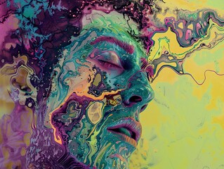 Abstract portrait of a man with colorful liquid paint flowing over his face.
