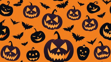 Flat vector design of a seamless Halloween pumpkin banner featuring spooky squash lanterns and eerie jack-o-lantern silhouettes, dark and moody tones on a seamless background