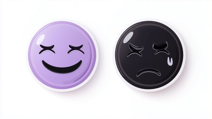 Fototapeta premium 3d stickers in the form of smiley faces with opposite emotions, one happy, the other sad, matte surface, high detail, round shapes, various colors