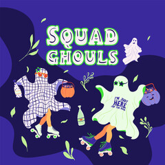 Halloween graphic elements and hilarious lettering text set - pumpkins, ghosts in the sheet, pumpkin, candies, leaves isolated. Hand drawn bundle. Vector illustration eps10.