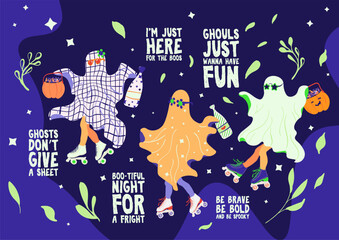 Halloween graphic elements and hilarious lettering text set - pumpkins, ghosts in the sheet, pumpkin, candies, leaves isolated. Hand drawn bundle. Vector illustration eps10.