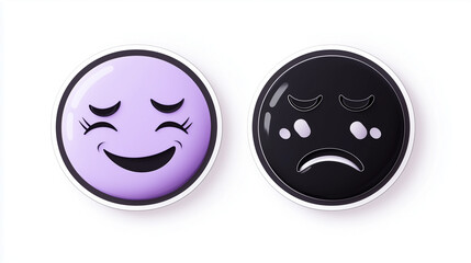 Fototapeta premium 3d stickers in the form of smiley faces with opposite emotions, one happy, the other sad, matte surface, high detail, round shapes, various colors