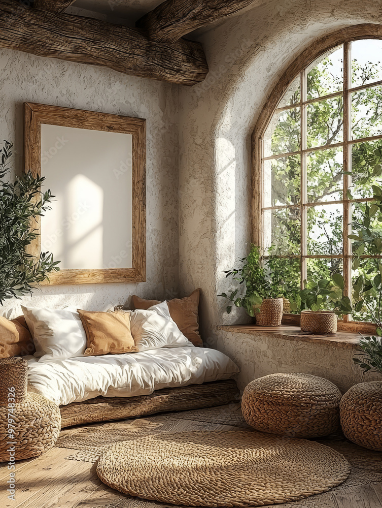 Canvas Prints Cozy living room with a large window, perfect for relaxing.