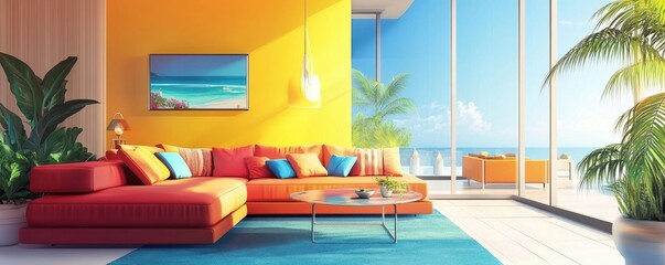 Fototapeta premium Open living room with vibrant decor, large sofa, and modern architecture, clean vector illustration
