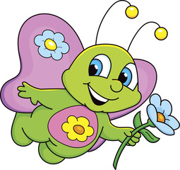 Coloring page outline of cartoon smiling cute butterfly. Colorful vector illustration, summer coloring book for kids.