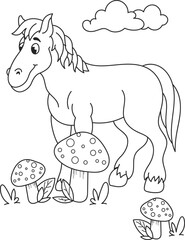 Coloring page outline of the cartoon smiling cute little horse with mushrooms. Colorful vector illustration, summer coloring book for kids.
