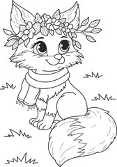 Coloring page outline of cartoon smiling cute beautiful fox with flowers. Colorful vector illustration, summer coloring book for kids.
