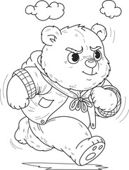 Coloring page outline of the cartoon smiling cute big bear runs. Colorful vector illustration, summer coloring book for kids.