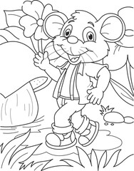Coloring page outline of cartoon smiling cute mouse with big mushrooms. Colorful vector illustration, summer coloring book for kids.