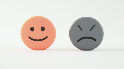 3d stickers in the form of smiley faces with opposite emotions, one happy, the other sad, matte surface, high detail, round shapes, various colors