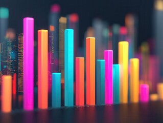 Data visualization of market growth with glowing bars, vibrant data-driven graphics