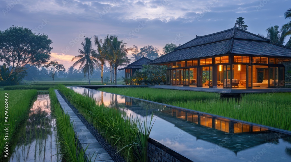 Poster Modern Villa with Rice Paddies