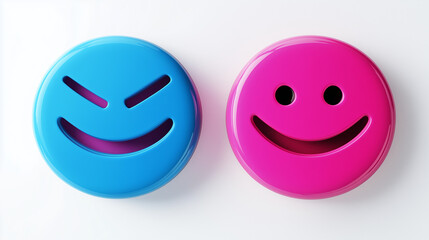 Fototapeta premium 3d stickers in the form of smiley faces with opposite emotions, one happy, the other sad, matte surface, high detail, round shapes, various colors