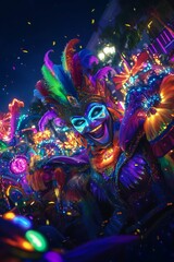 Obraz premium Colorful Nighttime Carnival Performer in Neon Lights and Feathered Mask