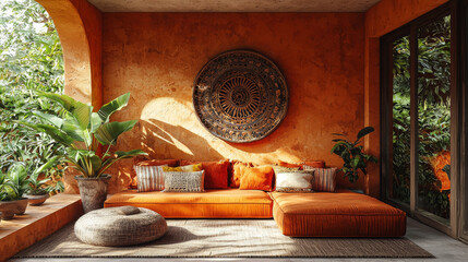 A cozy outdoor living space with an orange sofa,  plush pillows, and a large, decorative wall hanging.