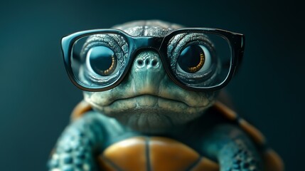 A cute turtle wearing oversized glasses, portraying a quirky and studious appearance against a soft, dark background