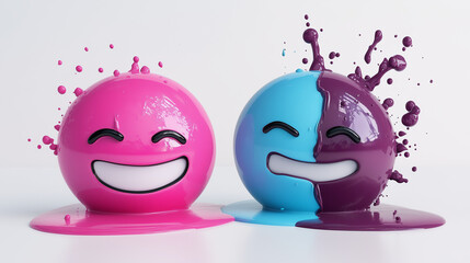 3d stickers in the form of smiley faces with opposite emotions, one happy, the other sad, matte surface, high detail, round shapes, various colors