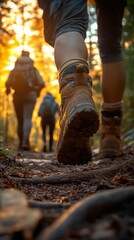A close-up of hiking boots on a trail with sunlit trees in the background, creating a warm and inviting atmosphere for outdoor adventure