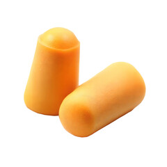 Pair of orange earplugs on a black background, symbol of hearing protection and safety.