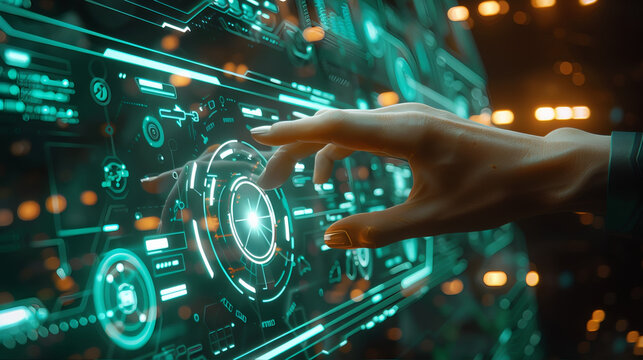 Hand touching futuristic holographic advanced artificial intelligence virtual reality digital technology display. Interior of alien space ship UFO advance technology computer system. 