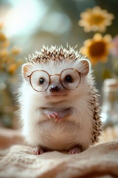 A cute hedgehog wearing glasses sits among flowers, showcasing its adorable and whimsical appearance