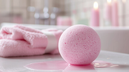 Pink bath bomb on cozy bathroom background