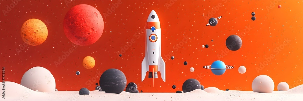 Poster futuristic space concept with planets and rocket ship design