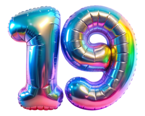 neon holografic foil balloon for birthday in the shape of the number  19, isolated on the white background