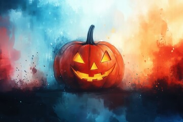 Fototapeta premium A glowing jack-o'-lantern sits against a colorful, abstract background, evoking the Halloween spirit with its friendly and spooky charm