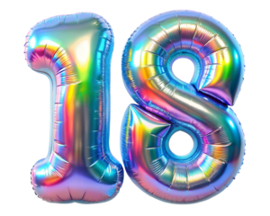 neon holografic foil balloon for birthday in the shape of the number  18, isolated on the white background