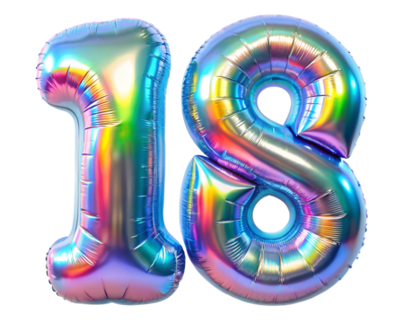 neon holografic foil balloon for birthday in the shape of the number 18, isolated on the white background