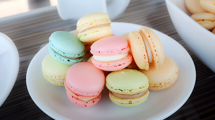Fototapeta premium Many colorful macarons on the shelf for sale in the mall