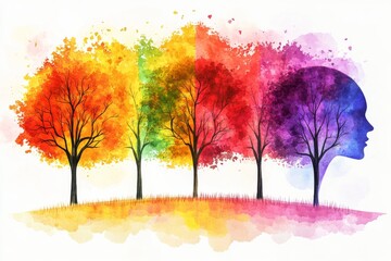 Abstract art of colorful trees inside human silhouettes symbolizing growth change and the interconnection of human life with the seasons of nature