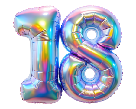 neon holografic foil balloon for birthday in the shape of the number  18, isolated on the white background