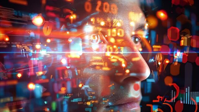 A close-up of a person's face superimposed with digital code and binary numbers, suggesting themes of technology and data.