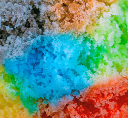 Close up photograph of rainbow Hawaiian Shave Ice, Shaved ice or Snow Cone Dessert