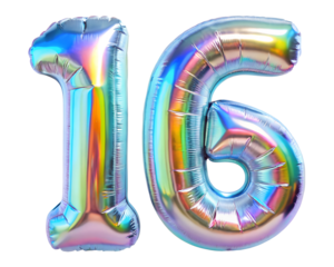 neon holografic foil balloon for birthday in the shape of the number  16, isolated on the white background