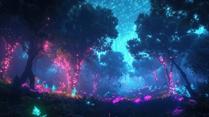 Futuristic Forest with Neon-Lit Trees, Glowing Leaves, and Robotic Animals