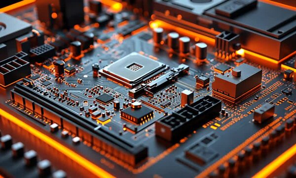 Closeup of a Circuit Board with Orange Glowing Lights