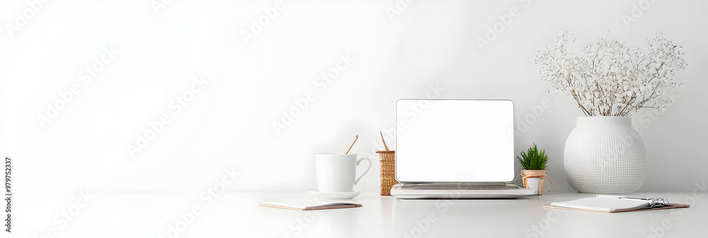 Poster Streamlined Workspace with Laptop and Notepad on Open Desk