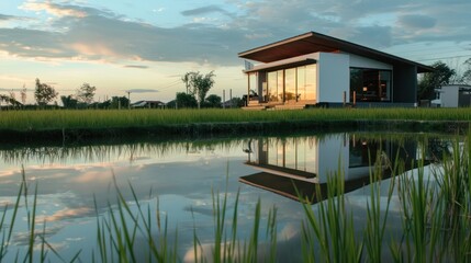 Obraz premium Modern House Reflection in Pond