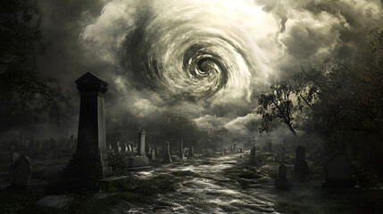 Eerie Graveyard with Swirling Clouds and a Creepy Atmosphere - Halloween Concept