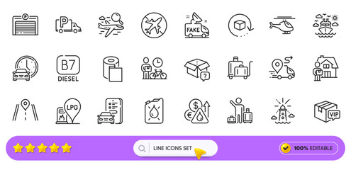 Fuel price, Fake news and Truck parking line icons for web app. Pack of Helicopter, Airport transfer, Parking garage pictogram icons. Ship travel, Search flight, Lighthouse signs. Search bar. Vector
