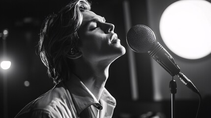 Young Man Singing Into Microphone in Studio