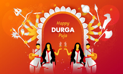 Happy Durga Pooja. Traditional vector background design with jharokha and people dance with dhunuchi illustration.